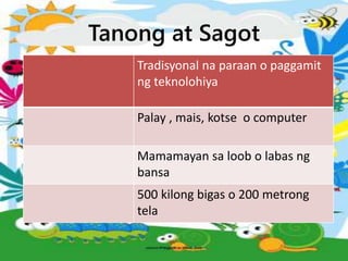 Tanong at Sagot
Tradisyonal na paraan o paggamit
ng teknolohiya
Palay , mais, kotse o computer
Mamamayan sa loob o labas ng
bansa
500 kilong bigas o 200 metrong
tela
 
