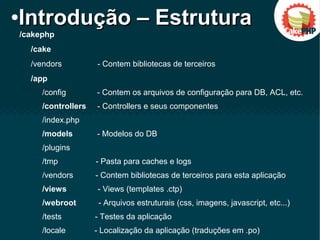 ●
Introdução – EstruturaIntrodução – Estrutura
/cakephp
/cake
/vendors - Contem bibliotecas de terceiros
/app
/config - Contem os arquivos de configuração para DB, ACL, etc.
/controllers - Controllers e seus componentes
/index.php
/models - Modelos do DB
/plugins
/tmp - Pasta para caches e logs
/vendors - Contem bibliotecas de terceiros para esta aplicação
/views - Views (templates .ctp)
/webroot - Arquivos estruturais (css, imagens, javascript, etc...)
/tests - Testes da aplicação
/locale - Localização da aplicação (traduções em .po)
 