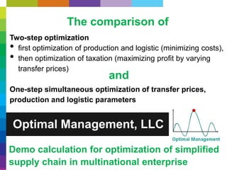 Optimal Management, LLC
Demo calculation for optimization of simplified
supply chain in multinational enterprise
The comparison of
Two-step optimization
• first optimization of production and logistic (minimizing costs),
• then optimization of taxation (maximizing profit by varying
transfer prices)
One-step simultaneous optimization of transfer prices,
production and logistic parameters
and
 