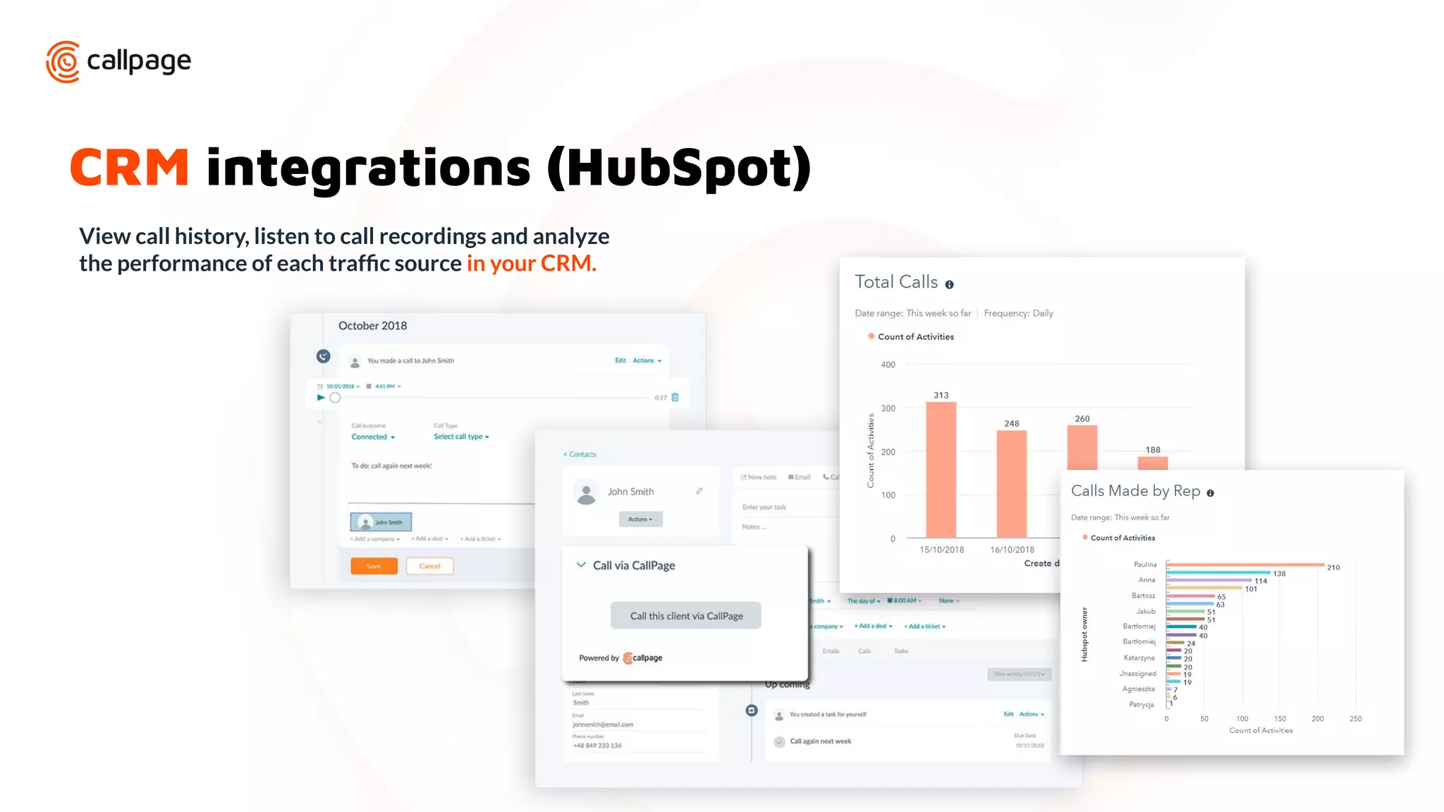 CRM integrations (HubSpot)
View call history, listen to call recordings and analyze
the performance of each trafﬁc source in your CRM.
 