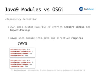 (c) BestSolution.at - Licensed under Creative Commons Attribution-NonCommerical-ShareAlike 3.0
Java9 Modules vs OSGi
‣ Dep...