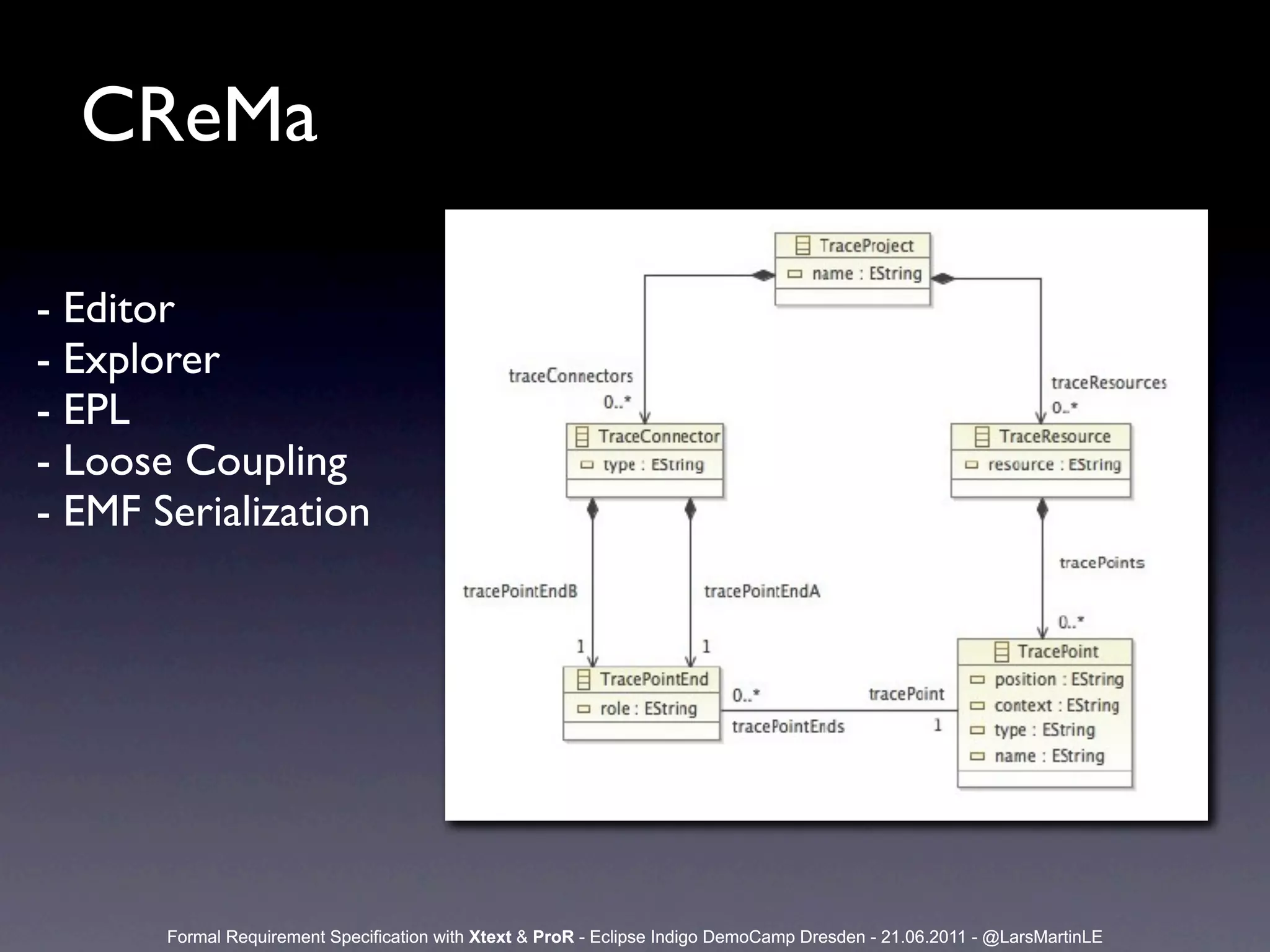 CReMa

- Editor
- Explorer
- EPL
- Loose Coupling
- EMF Serialization




       Formal Requirement Specification with Xtext & ProR - Eclipse Indigo DemoCamp Dresden - 21.06.2011 - @LarsMartinLE
 