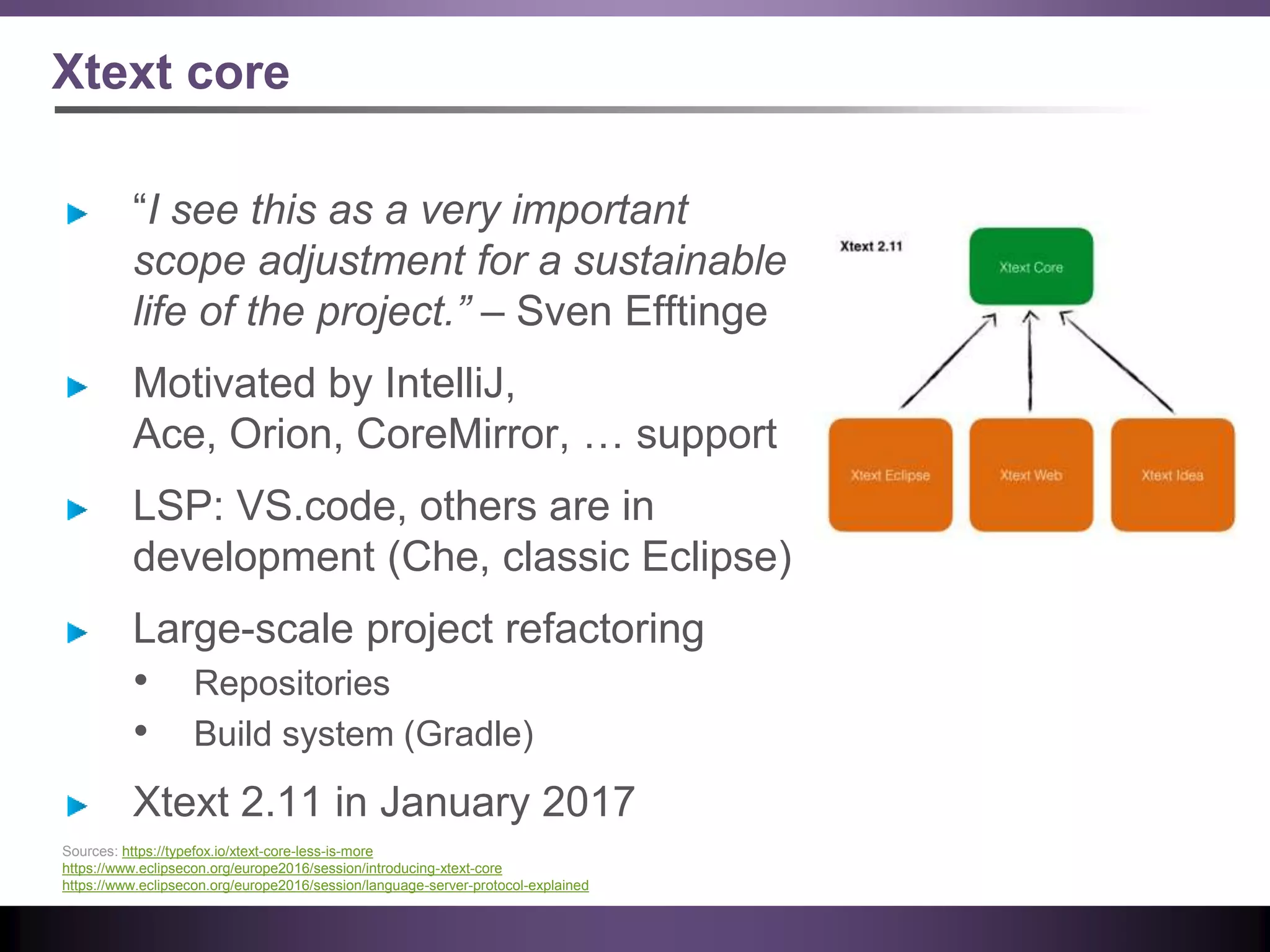 Xtext core
“I see this as a very important
scope adjustment for a sustainable
life of the project.” – Sven Efftinge
Motivated by IntelliJ,
Ace, Orion, CoreMirror, … support
LSP: VS.code, others are in
development (Che, classic Eclipse)
Large-scale project refactoring
• Repositories
• Build system (Gradle)
Xtext 2.11 in January 2017
Sources: https://typefox.io/xtext-core-less-is-more
https://www.eclipsecon.org/europe2016/session/introducing-xtext-core
https://www.eclipsecon.org/europe2016/session/language-server-protocol-explained
 