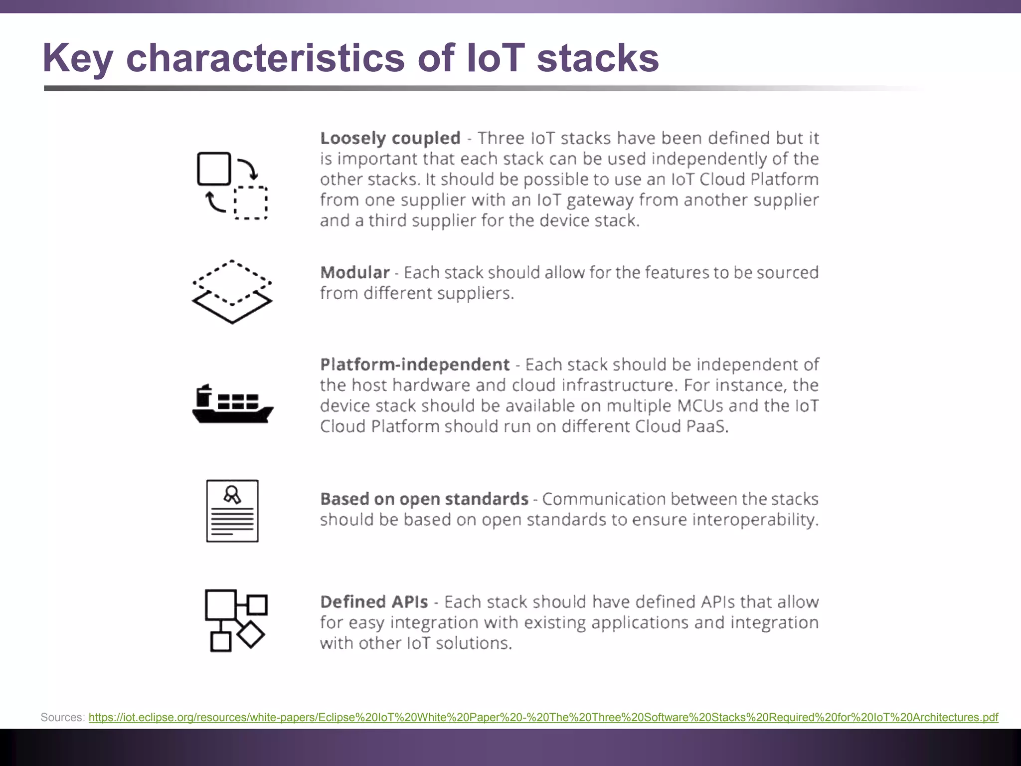 Key characteristics of IoT stacks
Sources: https://iot.eclipse.org/resources/white-papers/Eclipse%20IoT%20White%20Paper%20-%20The%20Three%20Software%20Stacks%20Required%20for%20IoT%20Architectures.pdf
 