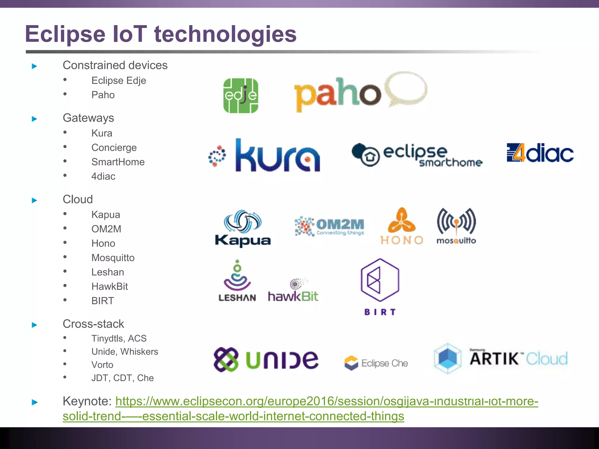Eclipse IoT technologies
Constrained devices
• Eclipse Edje
• Paho
Gateways
• Kura
• Concierge
• SmartHome
• 4diac
Cloud
• Kapua
• OM2M
• Hono
• Mosquitto
• Leshan
• HawkBit
• BIRT
Cross-stack
• Tinydtls, ACS
• Unide, Whiskers
• Vorto
• JDT, CDT, Che
Keynote: https://www.eclipsecon.org/europe2016/session/osgijava-industrial-iot-more-
solid-trend-—-essential-scale-world-internet-connected-things
 