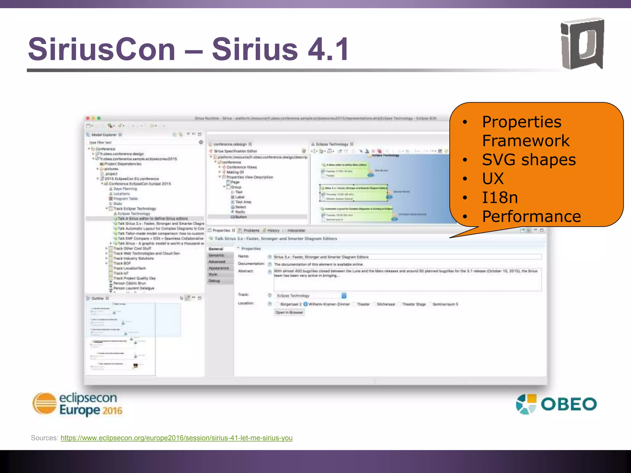 SiriusCon – Sirius 4.1
Sources: https://www.eclipsecon.org/europe2016/session/sirius-41-let-me-sirius-you
• Properties
Framework
• SVG shapes
• UX
• I18n
• Performance
 