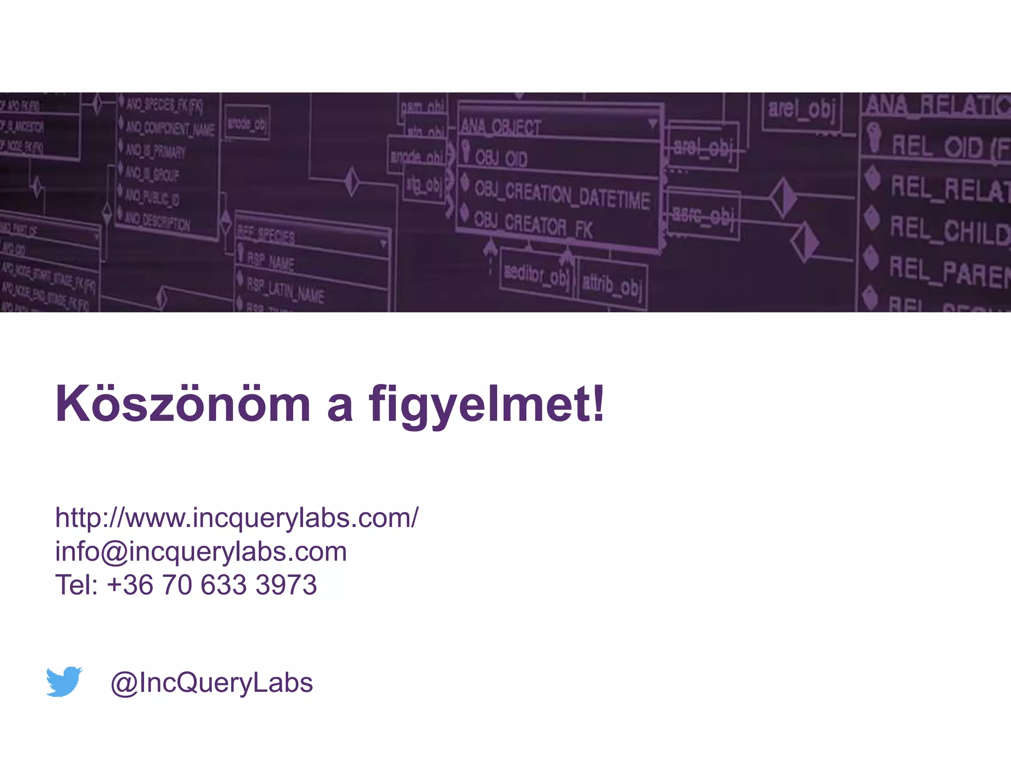 Köszönöm a figyelmet!
http://www.incquerylabs.com/
info@incquerylabs.com
Tel: +36 70 633 3973
@IncQueryLabs
 