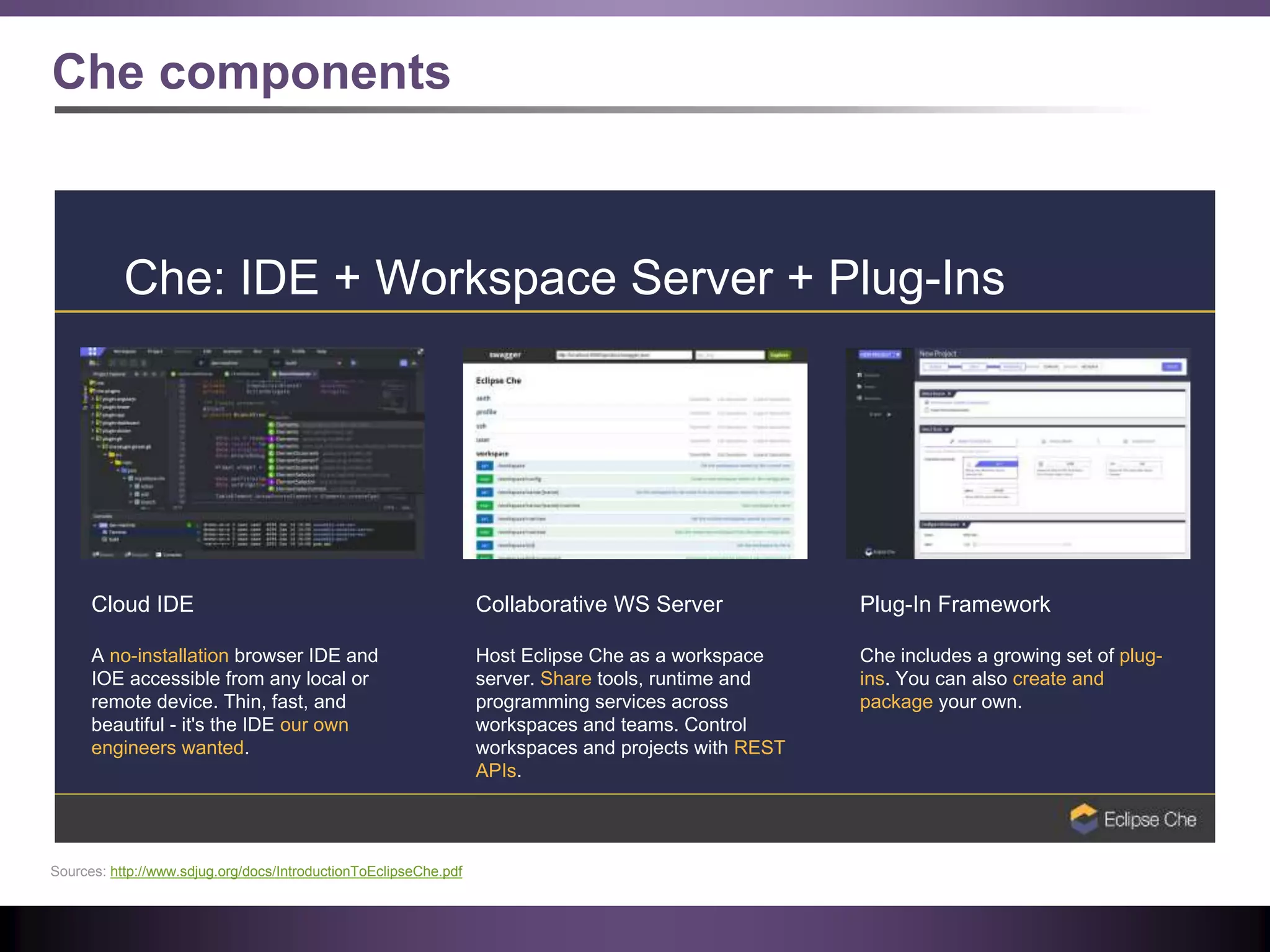 Che components
Che: IDE + Workspace Server + Plug-Ins
Cloud IDE
A no-installation browser IDE and
IOE accessible from any local or
remote device. Thin, fast, and
beautiful - it's the IDE our own
engineers wanted.
Collaborative WS Server
Host Eclipse Che as a workspace
server. Share tools, runtime and
programming services across
workspaces and teams. Control
workspaces and projects with REST
APIs.
Plug-In Framework
Che includes a growing set of plug-
ins. You can also create and
package your own.
Sources: http://www.sdjug.org/docs/IntroductionToEclipseChe.pdf
 