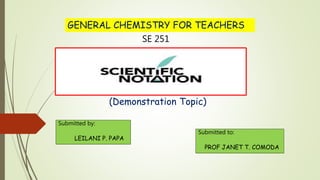 GENERAL CHEMISTRY FOR TEACHERS
SE 251
Submitted by:
LEILANI P. PAPA
Submitted to:
PROF JANET T. COMODA
(Demonstration Topic)
 