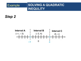 Example SOLVING A QUADRATIC
INEQULITY
Step 2
–3 0 4
Interval A Interval B Interval C
(–∞, – 3) (–3, 4) (4, ∞)
 