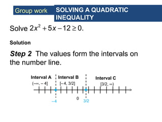 Group work SOLVING A QUADRATIC
INEQUALITY
Solve
Solution
2
2 5 12 0.x x+ − ≥
Step 2 The values form the intervals on
the number line.
–4
0
3/2
Interval A Interval B Interval C
(–∞, – 4] [– 4, 3/2] [3/2, ∞)
 