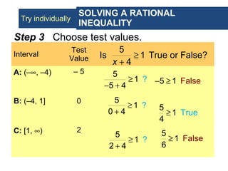 HOMEWORK 4
Step 3 Choose test values.
Interval
Test
Value
A: (–∞, –4) – 5
B: (–4, 1] 0
C: [1, ∞) 2
5
Is 1 True or False?
4x
≥
+
?
5
1
5 4
≥
− +
5 1 False− ≥
0
?
5
1
4
≥
+ 5
1 e
4
Tru≥
2
?
5
1
4
≥
+
5
1 e
6
Fals≥
SOLVING A RATIONAL
INEQUALITY
Try individually
 