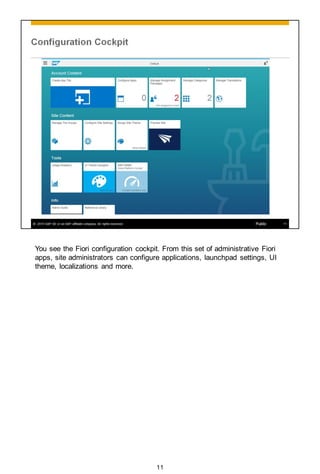 You see the Fiori configuration cockpit. From this set of administrative Fiori
apps, site administrators can configure applications, launchpad settings, UI
theme, localizations and more.
11
 