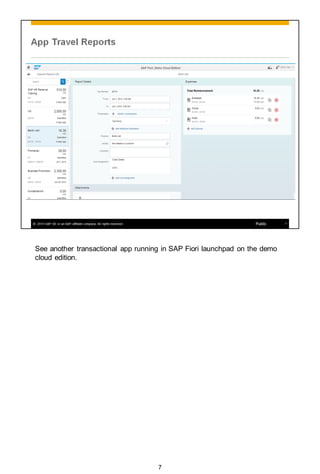 See another transactional app running in SAP Fiori launchpad on the demo
cloud edition.
7
 