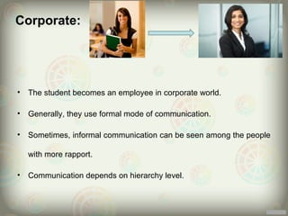 Corporate:




•   The student becomes an employee in corporate world.

•   Generally, they use formal mode of communication.

•   Sometimes, informal communication can be seen among the people

    with more rapport.

•   Communication depends on hierarchy level.
 