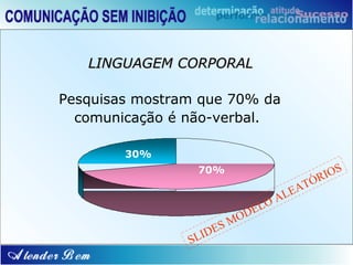 LINGUAGEM CORPORAL

Pesquisas mostram que 70% da
  comunicação é não-verbal.

        30%
                 70%                            IOS
                                          T   ÓR
                                     EA
                               O   AL
                             EL
                           OD
                      SM
                  I DE
                SL
 