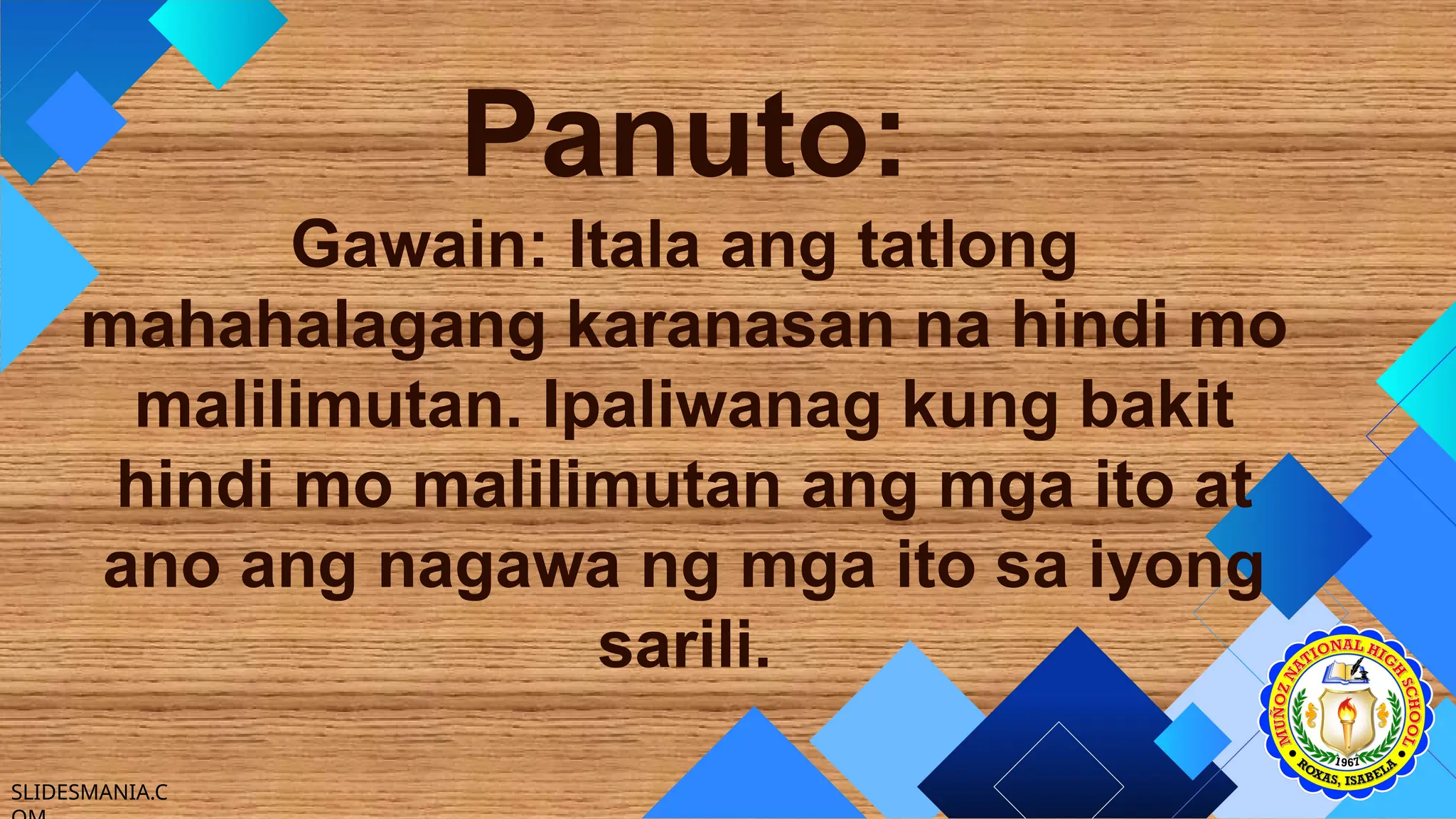 SLIDESMANIA.C
Panuto:
Gawain: Itala ang tatlong
mahahalagang karanasan na hindi mo
malilimutan. Ipaliwanag kung bakit
hindi mo malilimutan ang mga ito at
ano ang nagawa ng mga ito sa iyong
sarili.
 