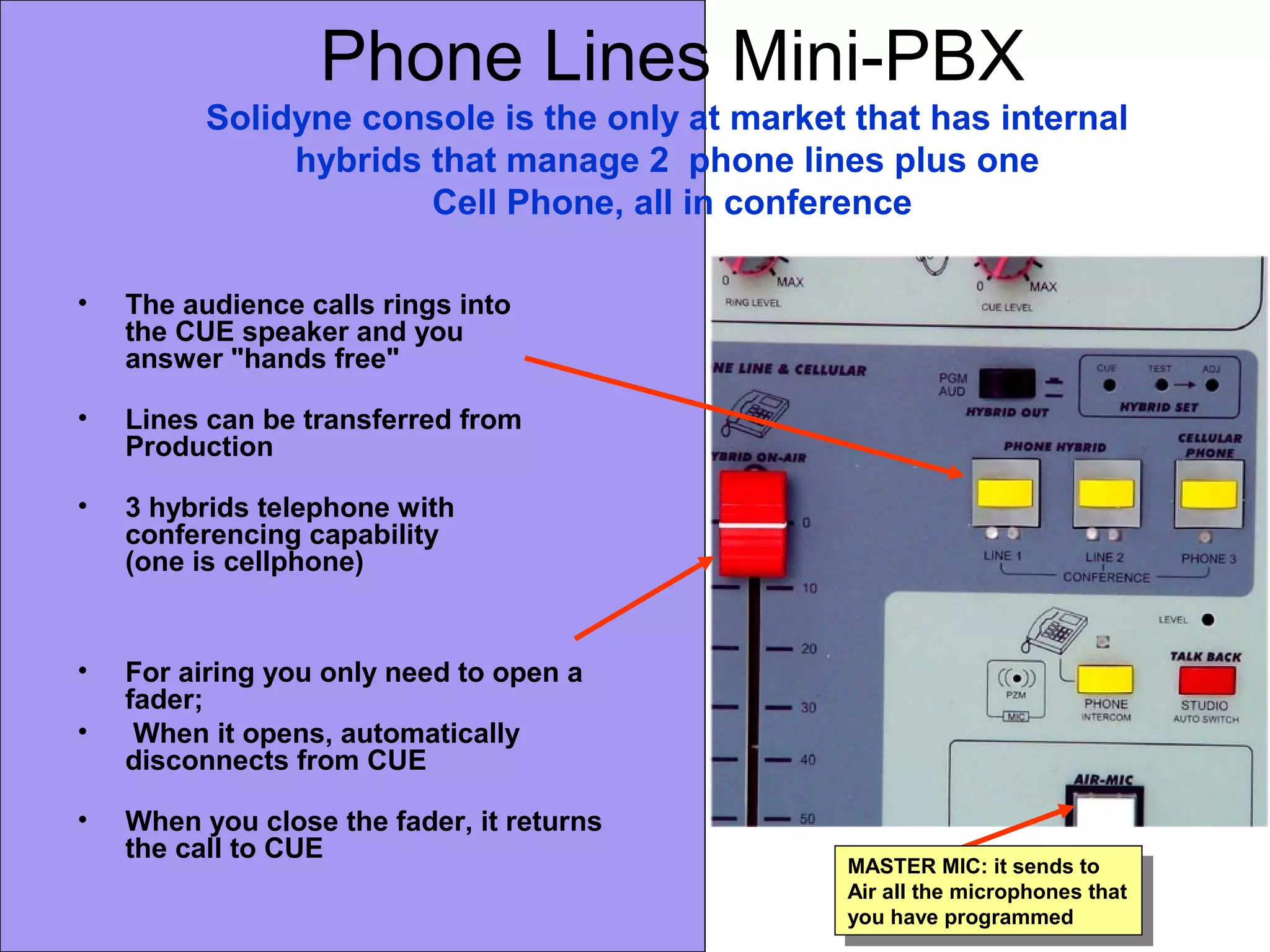 Phone Lines Mini-PBX
Solidyne console is the only at market that has internal
hybrids that manage 2 phone lines plus one
Cell Phone, all in conference
• The audience calls rings into
the CUE speaker and you
answer "hands free"
• Lines can be transferred from
Production
• 3 hybrids telephone with
conferencing capability
(one is cellphone)
• For airing you only need to open a
fader;
• When it opens, automatically
disconnects from CUE
• When you close the fader, it returns
the call to CUE
MASTER MIC: it sends to
Air all the microphones that
you have programmed
MASTER MIC: it sends to
Air all the microphones that
you have programmed
 