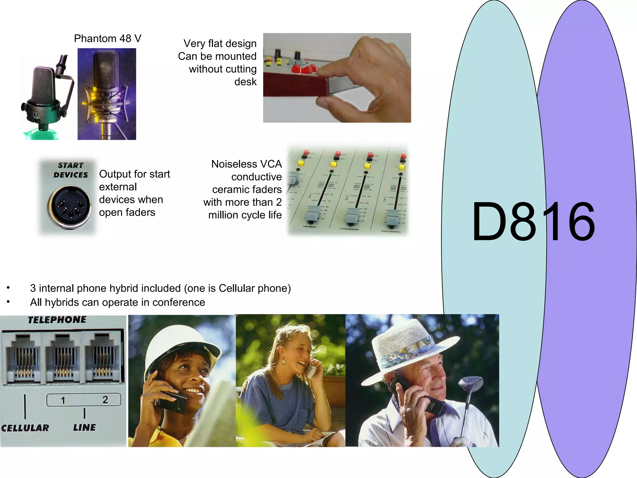 • 3 internal phone hybrid included (one is Cellular phone)
• All hybrids can operate in conference
D816
Phantom 48 V
Output for start
external
devices when
open faders
Very flat design
Can be mounted
without cutting
desk
Noiseless VCA
conductive
ceramic faders
with more than 2
million cycle life
 