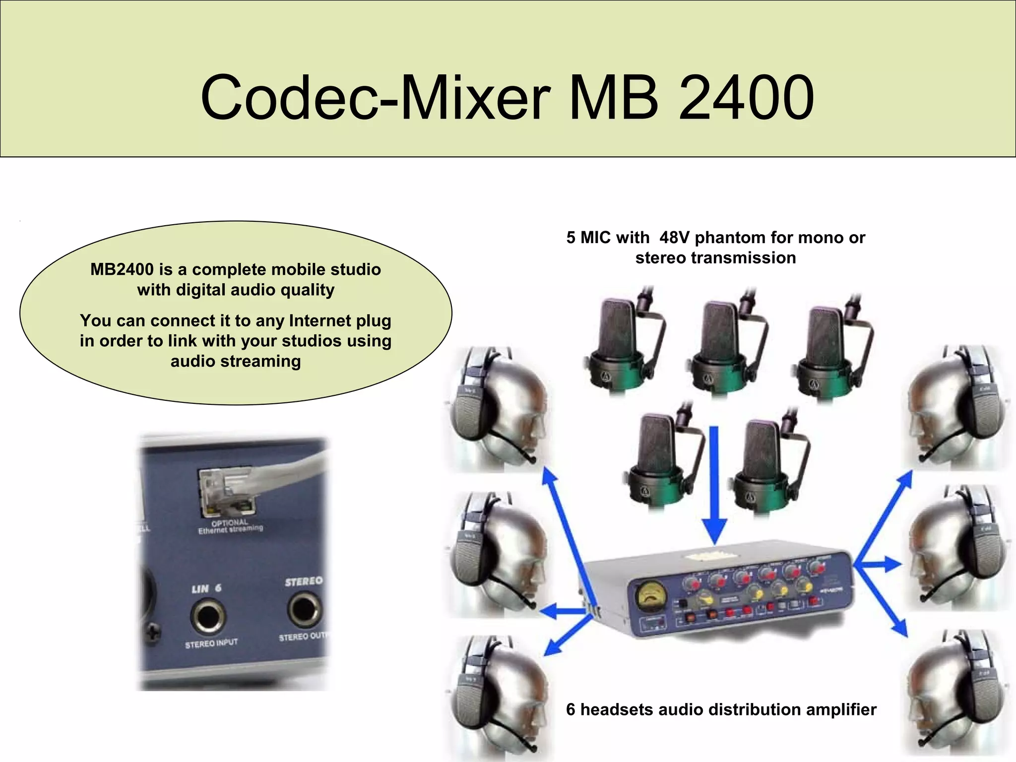 Codec-Mixer MB 2400
MB2400 is a complete mobile studio
with digital audio quality
You can connect it to any Internet plug
in order to link with your studios using
audio streaming
6 headsets audio distribution amplifier
5 MIC with 48V phantom for mono or
stereo transmission
 