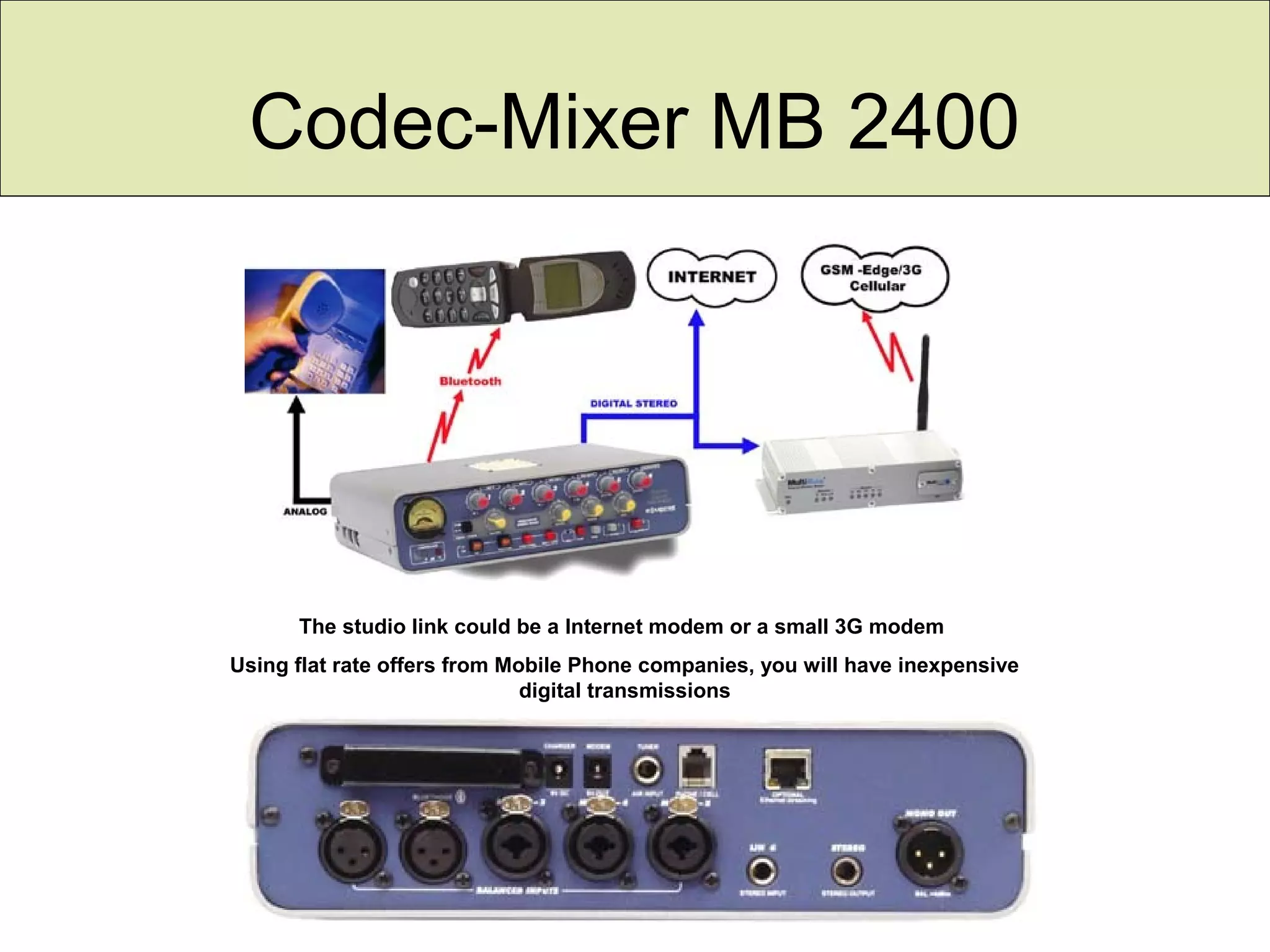 Codec-Mixer MB 2400
The studio link could be a Internet modem or a small 3G modem
Using flat rate offers from Mobile Phone companies, you will have inexpensive
digital transmissions
 
