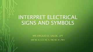 INTERPRET ELECTRICAL
SIGNS AND SYMBOLS
MR.VIRGILIO D. SALDE, LPT
EIM NC II, CCS NC II, FBS NC III ,TM I
 