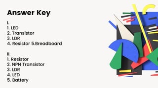 Answer Key
I.
1. LED
2. Transistor
3. LDR
4. Resistor 5.Breadboard
II.
1. Resistor
2. NPN Transistor
3. LDR
4. LED
5. Battery
 