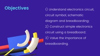 1) Understand electronics circuit,
circuit symbol, schematic
diagram and breadboarding;
2) Construct simple electronics
circuit using a breadboard;
3) Value the importance of
breadboarding.
Objectives
 