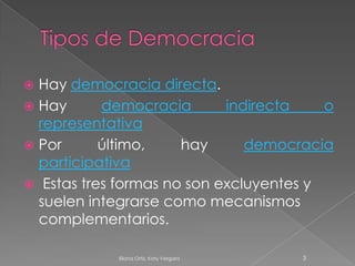 Tipos de DemocraciaHay democracia directa. Hay democracia indirecta o representativaPor último, hay democracia participativa Estas tres formas no son excluyentes y suelen integrarse como mecanismos complementarios.3Eliana Ortiz, Katy Vergara 