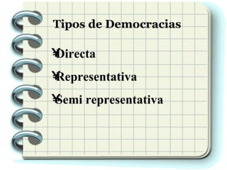 Tipos de Democracias Directa Representativa Semi representativa 