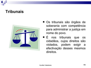 Tribunais Os tribunais são órgãos de soberania com competência para administrar a justiça em nome do povo. É nos tribunais que os cidadãos, cujos direitos são violados, podem exigir a efectivação desses mesmos direitos. Aurélia Valadares 