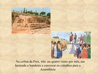 Na colina da Pnix, três  ou quatro vezes por mês, era hasteada a bandeira a convocar os cidadãos para a Assembleia 