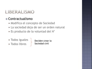  Contractualismo
 Modifica el concepto de Sociedad
 La sociedad deja de ser un orden natural
 Es producto de la voluntad del H’
 Todos iguales
 Todos libres
Deciden crear la
Sociedad civil
 