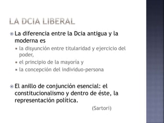  La diferencia entre la Dcia antigua y la
moderna es
 la disyunción entre titularidad y ejercicio del
poder,
 el principio de la mayoría y
 la concepción del individuo-persona
 El anillo de conjunción esencial: el
constitucionalismo y dentro de éste, la
representación política.
(Sartori)
 