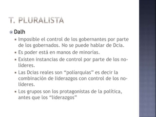  Dalh
 Imposible el control de los gobernantes por parte
de los gobernados. No se puede hablar de Dcia.
 Es poder está en manos de minorías.
 Existen instancias de control por parte de los no-
líderes.
 Las Dcias reales son “políarquias” es decir la
combinación de liderazgos con control de los no-
líderes.
 Los grupos son los protagonistas de la política,
antes que los “liderazgos”
 