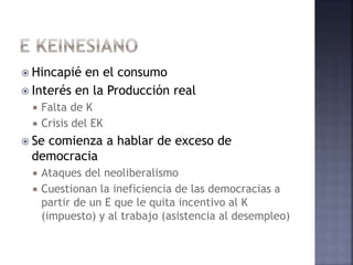  Hincapié en el consumo
 Interés en la Producción real
 Falta de K
 Crisis del EK
 Se comienza a hablar de exceso de
democracia
 Ataques del neoliberalismo
 Cuestionan la ineficiencia de las democracias a
partir de un E que le quita incentivo al K
(impuesto) y al trabajo (asistencia al desempleo)
 