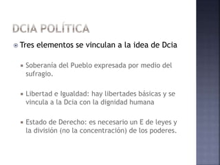  Tres elementos se vinculan a la idea de Dcia
 Soberanía del Pueblo expresada por medio del
sufragio.
 Libertad e Igualdad: hay libertades básicas y se
vincula a la Dcia con la dignidad humana
 Estado de Derecho: es necesario un E de leyes y
la división (no la concentración) de los poderes.
 