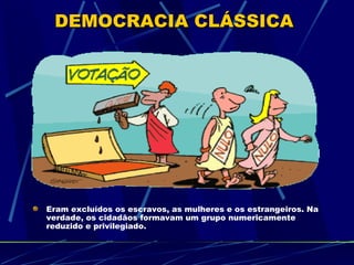 DEMOCRACIA CLÁSSICA




Eram excluídos os escravos, as mulheres e os estrangeiros. Na
verdade, os cidadãos formavam um grupo numericamente
reduzido e privilegiado.
 