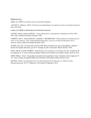 Referencias
unidas, p. d. (2010). La democracia y los derechos humanos.
ZAVALETA, Mauricio. (2014). Coaliciones de independientes: las reglas no escritas de la política electoral.
Lima: IEP, 2014.
unidas,p.d. (2010). La democracia y los derechoshumanos.
TANAKA, Martín y Patricia ZÁRATE. Valores democráticos y participación ciudadana en el Perú 1998 –
2001. Lima: Instituto de Estudios Peruanos. 2002.
CARRIÓN, Julio F., Patricia ZÁRATE y Elizabeth J. ZECHMEISTER. Cultura política de la democracia en
Perú y en las Américas, 2014: Gobernabilidad democrática a través de 10 años del Barómetro de las
Américas. Lima: Instituto de Estudios Peruanos. 2015.
ÁLAMO, Oscar del. “La democracia en Perú (1980-2010):Un balance de ciclo, oportunidades y desafíos”.
Revista Encrucijada Americana, pp. 46-61. Santiago de chile. Universidad Alberto Hurtado. 2010.
CRUZ, Marylia y Yamilé GUIBERT. Determinantes de la confianza en el Congreso del Perú. (Cuadernos de
Investigación, N° 2). Lima: Instituto de Opinión Pública de la Pontificia Universidad Católica del Perú. 2013.
LÓPEZ Villanes, Noam. “Inseguridad y percepción de inseguridad en Lima, (Cuadernos de Investigación, N°
10)”. Lima: Instituto de Opinión Pública de la Pontificia Universidad Católica del Perú. 2014.
MATEOS, Araceli. La (in)satisfacción con el funcionamiento de la democracia en América Latina.
Iberoamericana, pp. 169-173. Salamanca: Universidad de Salamanca. 2014.
 