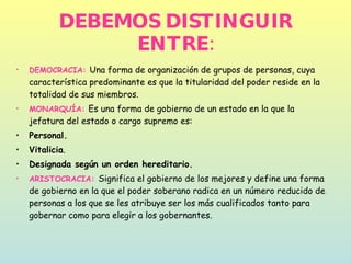 DEBEMOS DISTINGUIR ENTRE: DEMOCRACIA:   Una forma de organización de grupos de personas, cuya característica predominante es que la titularidad del poder reside en la totalidad de sus miembros. MONARQUÍA:  Es una forma de gobierno de un estado en la que la jefatura del estado o cargo supremo es: Personal. Vitalicia . Designada según un orden hereditario. ARISTOCRACIA:   Significa el gobierno de los mejores y define una forma de gobierno en la que el poder soberano radica en un número reducido de personas a los que se les atribuye ser los más cualificados tanto para gobernar como para elegir a los gobernantes.  