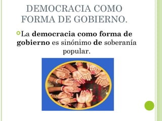 DEMOCRACIA COMO 
FORMA DE GOBIERNO. 
La democracia como forma de 
gobierno es sinónimo de soberanía 
popular. 
 