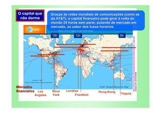 O capital que      Graças às redes mundiais de comunicações (como as
  não dorme         da AT&T), o capital financeiro pode girar à volta do
                    mundo 24 horas sem parar, pulando de mercado em
                    mercado, ao sabor dos fusos horários.

                    18h           12h                       0h




                                                                      http://www.corp.att.com/globalnetworking/media/network_map.swf,
                                                                      acesso em 22/03/2008
Mercados
financeiros Los     Nova    Londres            Hong-Kong
          Angeles   York         Frankfurt                   Tóquio
 