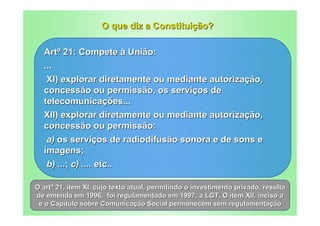 O que diz a Constituição?

  Artº 21: Compete à União:
  ...
   XI) explorar diretamente ou mediante autorização,
  concessão ou permissão, os serviços de
  telecomunicações...
  XII) explorar diretamente ou mediante autorização,
  concessão ou permissão:
   a) os serviços de radiodifusão sonora e de sons e
  imagens;
   b) ...; c) .... etc..

O artº 21, ítem XI, cujo texto atual, permitindo o investimento privado, resulta
de emenda em 1996, foi regulamentado em 1997: a LGT. O ítem XII, inciso a
 e o Capítulo sobre Comunicação Social permanecem sem regulamentação
 