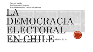 OA1: Evaluar las características y el funcionamiento de la
institucionalidad democrática.
Tercero Medio.
Profesor José Calderón
Historia Geografía y Ciencias Sociales.
 