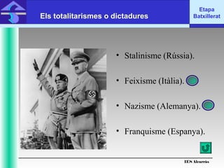 IES Alcarràs
IES Alcarràs
Etapa
BatxilleratEls totalitarismes o dictadures
• Stalinisme (Rússia).
• Feixisme (Itàlia).
• Nazisme (Alemanya).
• Franquisme (Espanya).
 
