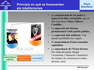 IES Alcarràs
IES Alcarràs
Etapa
Batxillerat
Principis en què es fonamenten
els totalitarismes
• La concentració de tot poder a
mans d’un líder carismàtic, que es
feia anomenar: Duce, Führer,
Caudillo...
• La supressió del sistema
parlamentari i dels partits polítics.
• La supressió dels sindicats. Van
quedar prohibides les vagues.
• El manteniment d’una economia
capitalista.
• La supremacia de l’Estat feixista.
Per mitjà del partit, dirigia
l’economia, l’educació i dominava
els mitjans de comunicació (ràdio,
premsa, cine).
DEMOCRÀCIA
LIBERAL
DEMOCRÀCIA
POPULAR
FEIXISME
 
