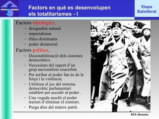 IES Alcarràs
IES Alcarràs
Etapa
Batxillerat
Factors en què es desenvolupen
els totalitarismes - I
Factors ideològics.
– desigualtat natural
– imperialisme
– élites dominants
– poder dictatorial
Factors polítics.
– Desestabilització dels sistemes
democràtics.
– Necessiten del suport d’un
grup nacionalista exacerbat.
– Per arribar al poder fan ús de la
força i la violència.
– Utilitzen el joc del sistema
democràtic parlamentari
establert per accedir al poder .
– Una vegada assolit el poder
tracten d’eliminar el contrari.
– Purga dins del mateix partit.
 