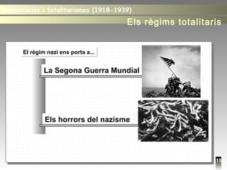 15
El règim nazi ens porta a...El règim nazi ens porta a...
Els horrors del nazisme
La Segona Guerra Mundial
Democràcies i totalitarismes (1918-1939)Democràcies i totalitarismes (1918-1939)
Els règims totalitaris
 