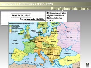 2
Entre 1919 i 1939
Europa queda dividida
Règims democràtics
Règims autoritaris
Règims feixistes
i l’URSS
Democràcies i totalitarismes (1918-1939)Democràcies i totalitarismes (1918-1939)
Els règims totalitaris
 