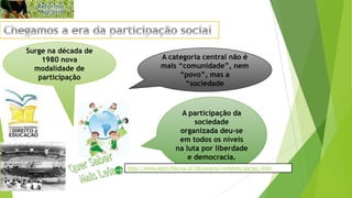 Surge na década de
1980 nova
modalidade de
participação
A participação da
sociedade
organizada deu-se
em todos os níveis
na luta por liberdade
e democracia.
A categoria central não é
mais “comunidade”, nem
“povo”, mas a
“sociedade
http://www.epsjv.fiocruz.br/dicionario/verbetes/parsoc.html
 